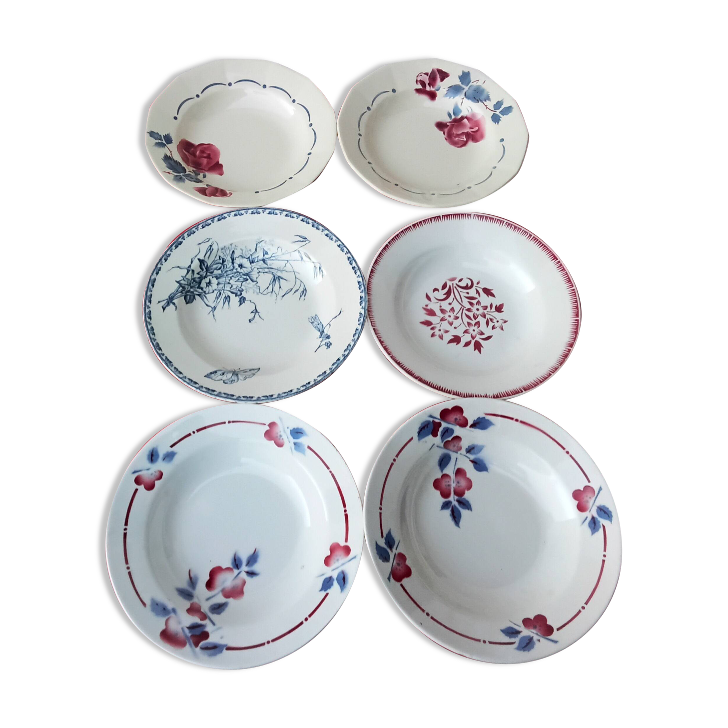 Set of six mismatched antique soup plates