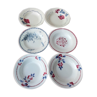 Set of six mismatched antique soup plates