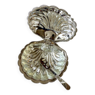 Beurrier coquillage en métal argenté, années 1950
