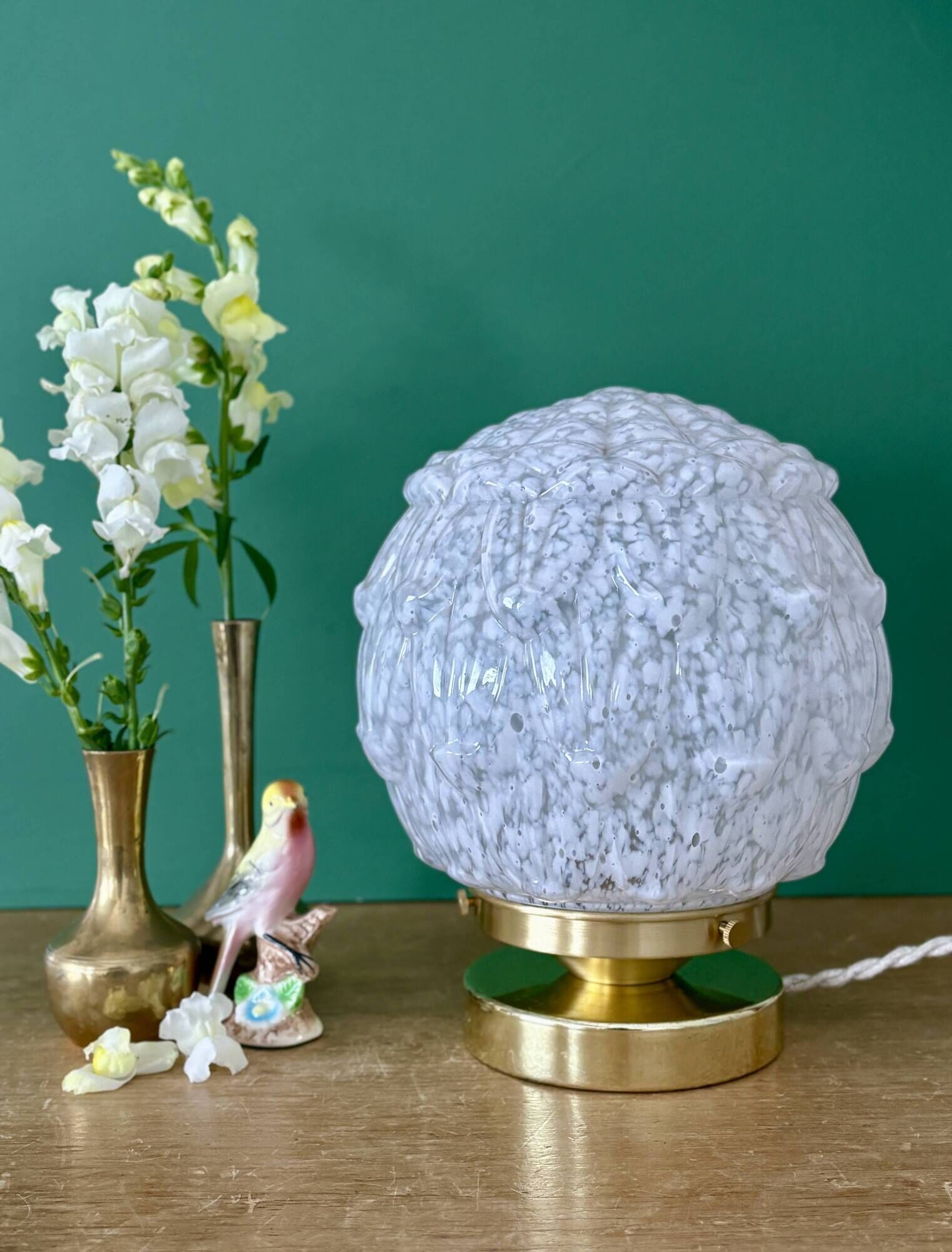 Vintage Art Deco globe table lamp in white Clichy glass