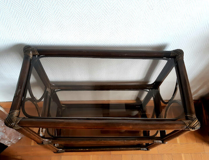 Rattan bookcase and smoked glass 1960