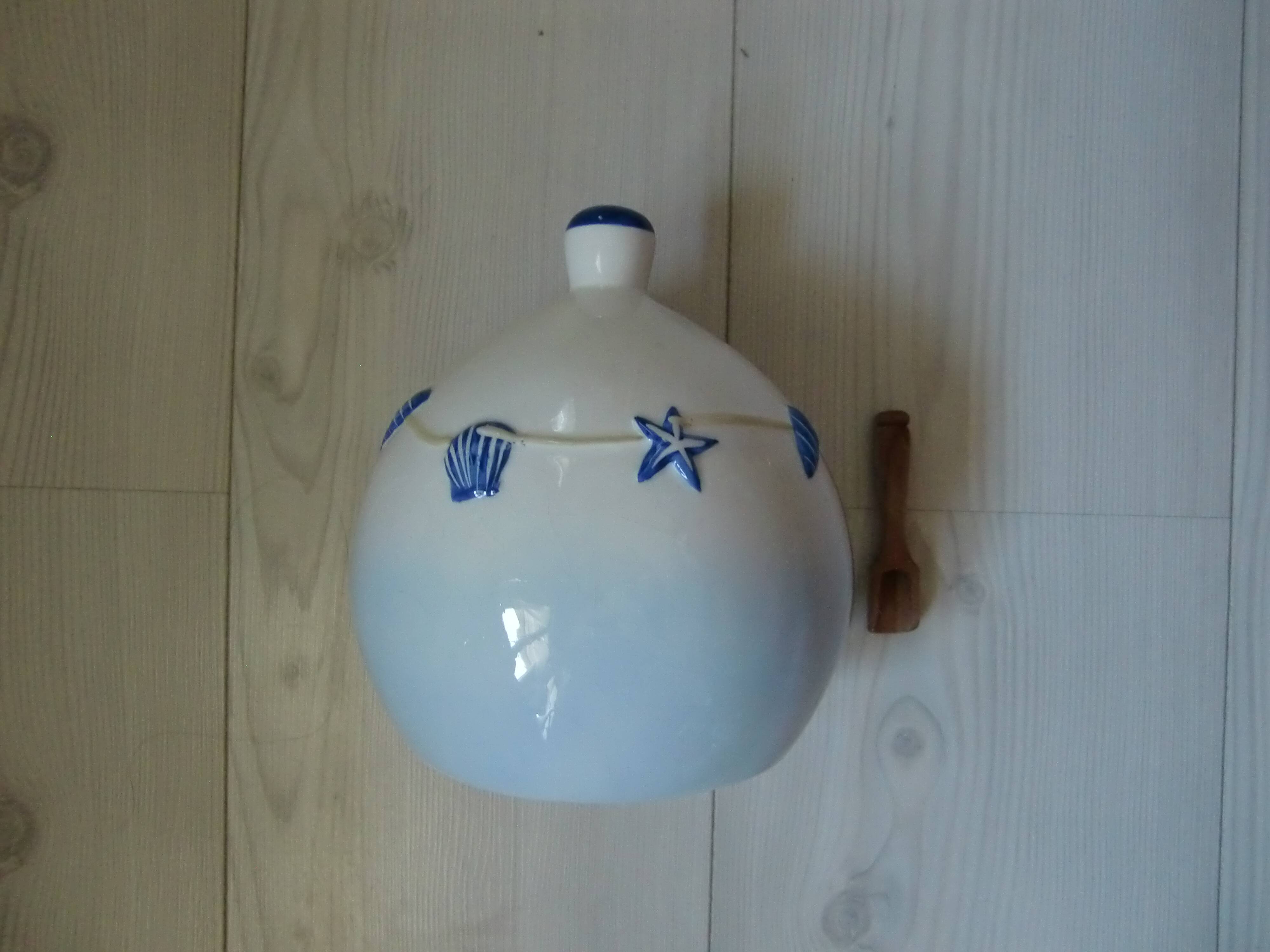 Ceramic salt pot and wooden spatula