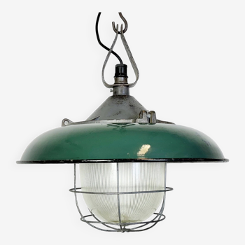 Industrial Green Enamel Factory Cage Pendant Lamp in Cast Iron, 1960s