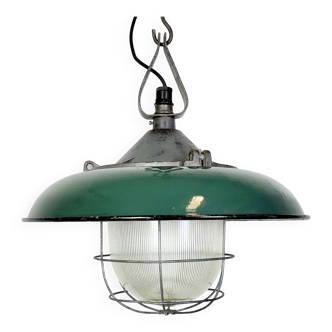 Industrial Green Enamel Factory Cage Pendant Lamp in Cast Iron, 1960s