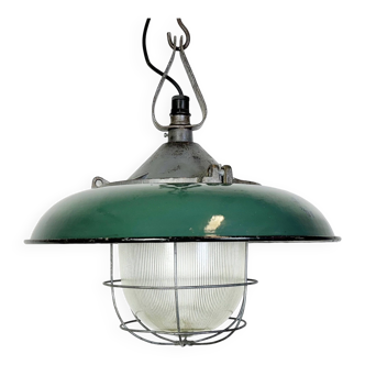 Lampe à Suspension Cage Industrielle en Émail Vert en Fonte, 1960s