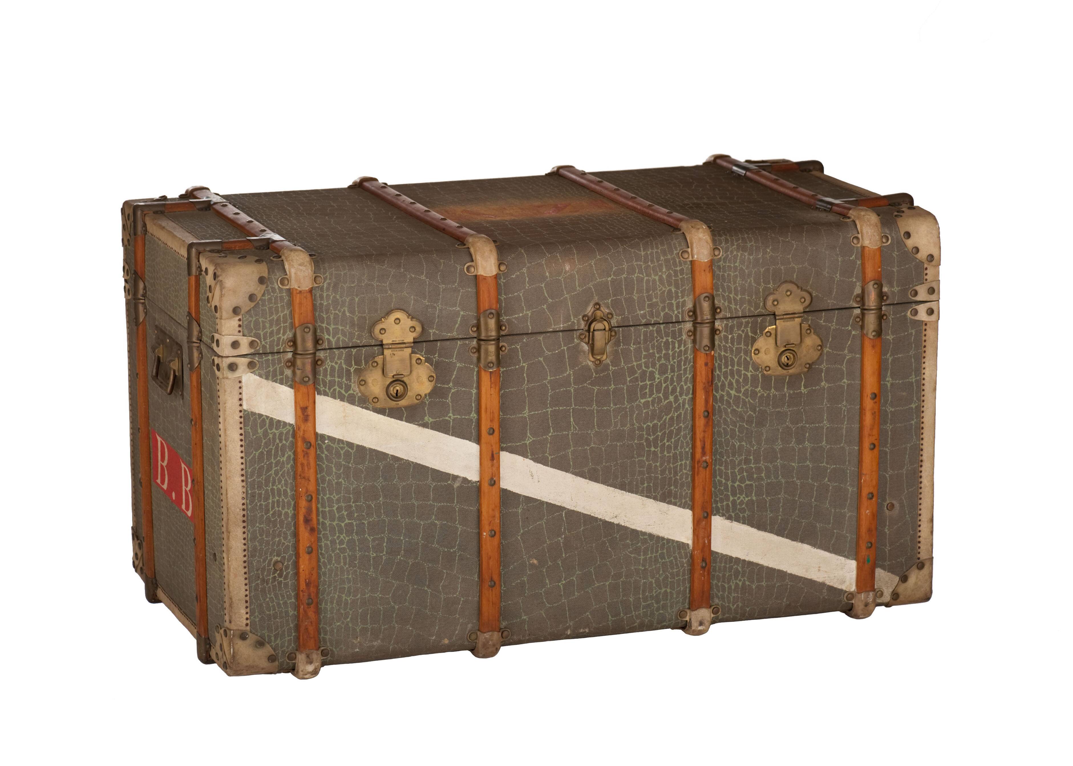 Anc Large cabin trunk in khaki canvas with a snakeskin effect, wood & brass