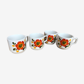 Lot de 4 mug anciens décor fleur orange vintage empilables. Etat impecable