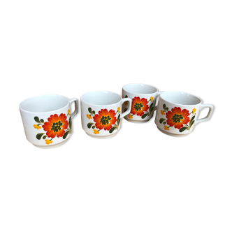 Lot de 4 mug anciens décor fleur orange vintage empilables. Etat impecable