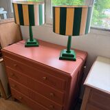 Pair of wooden bedside lamps with striped lampshades