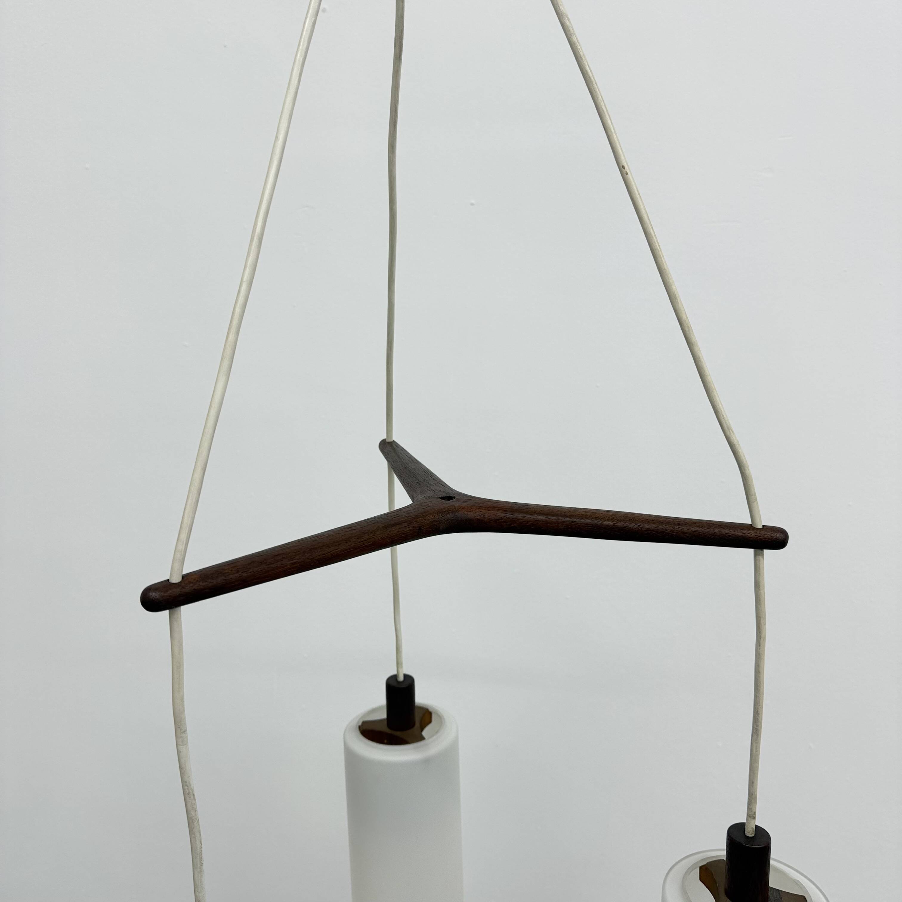 Mid-century design pendant lamp teak and opaline glass, 1970s