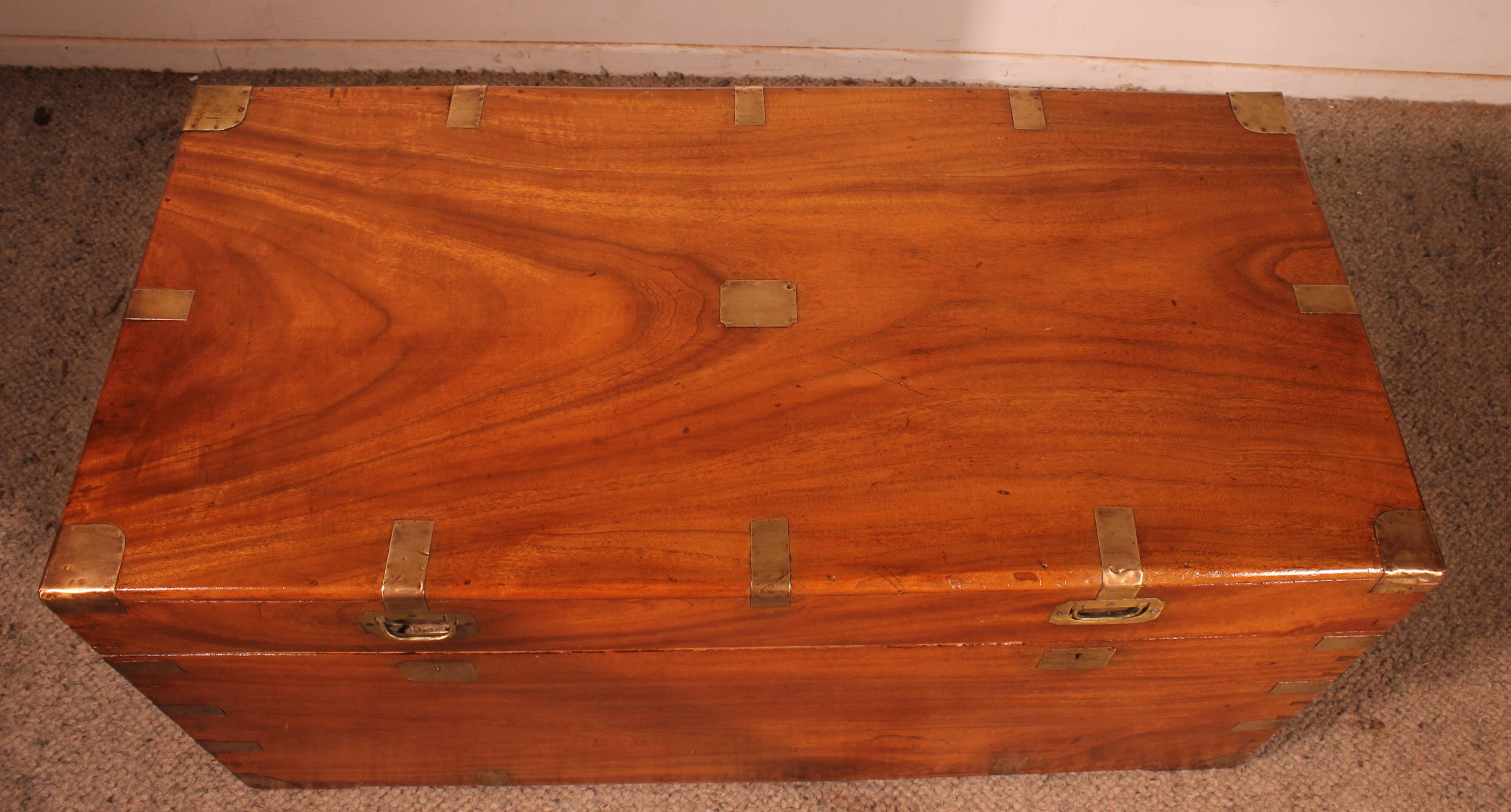 19th-century camphor wood marine chest with double locks and tray in