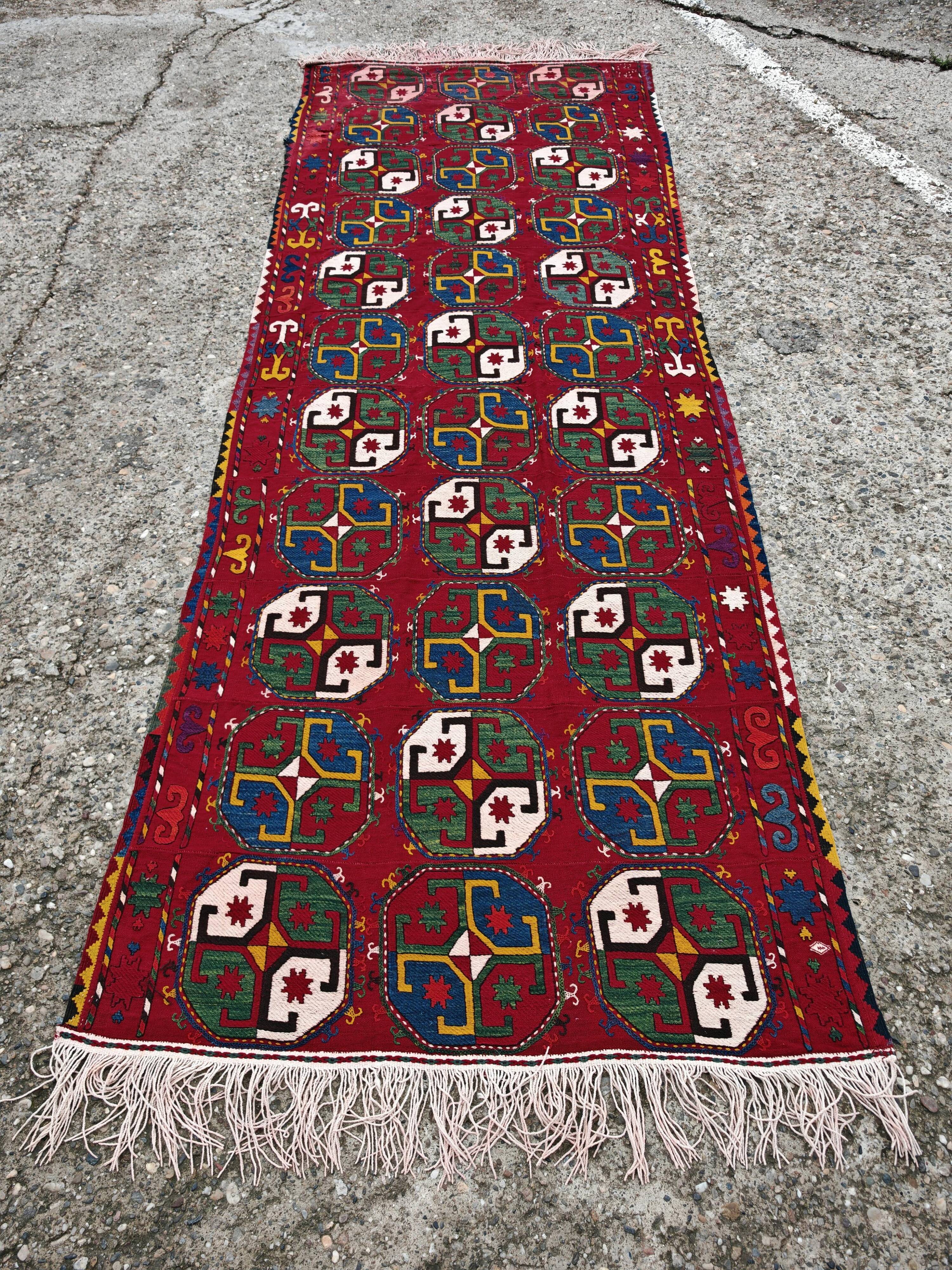 Ancient Uzbek Carpet Mixed Technique Flat Woven, Early 20th Century