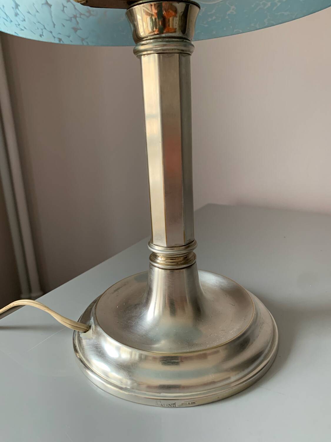 Antique table lamp with silver base and Clichy glass