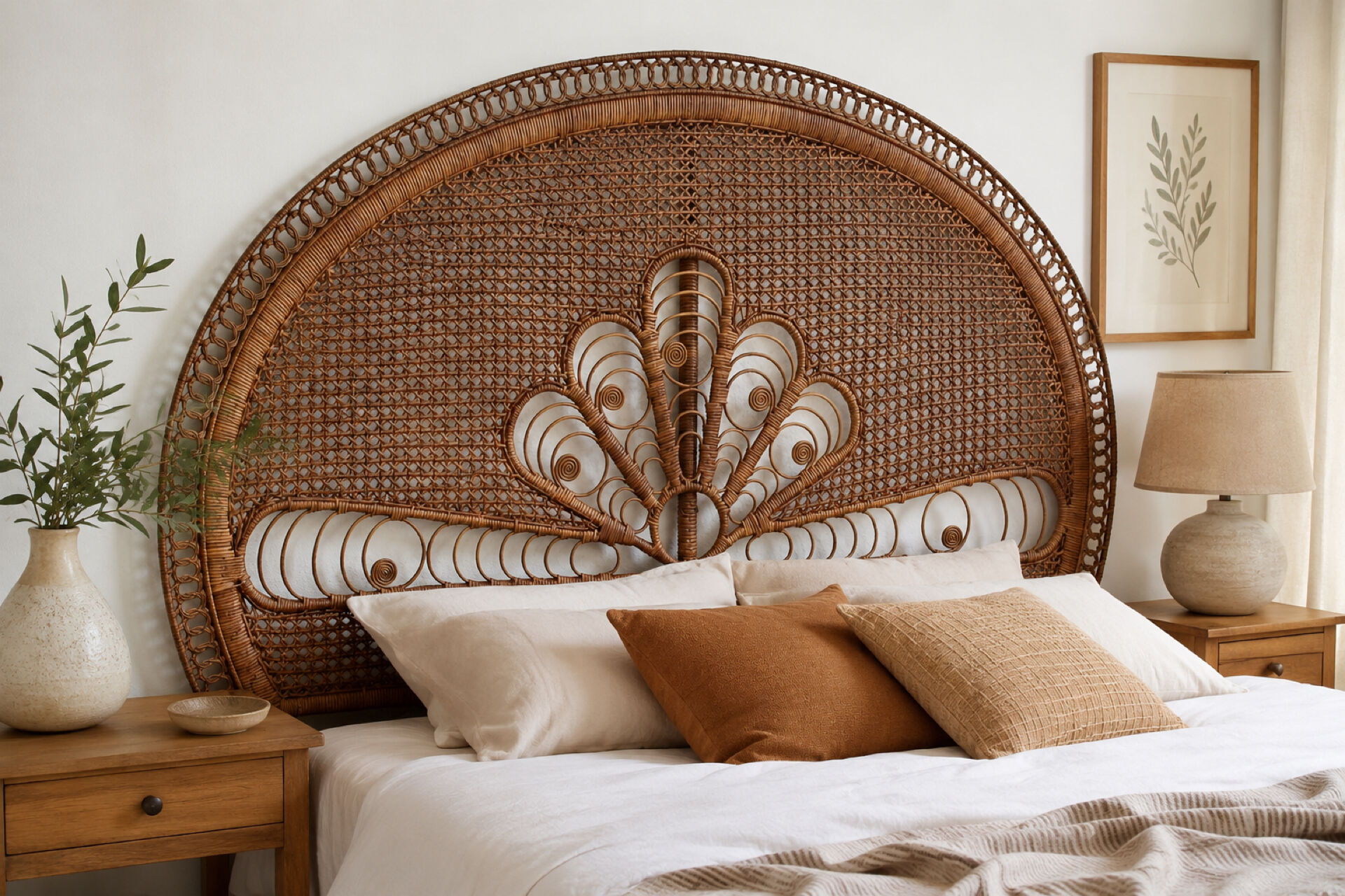 Large vintage headboard in woven rattan fan / Peacock 180cm