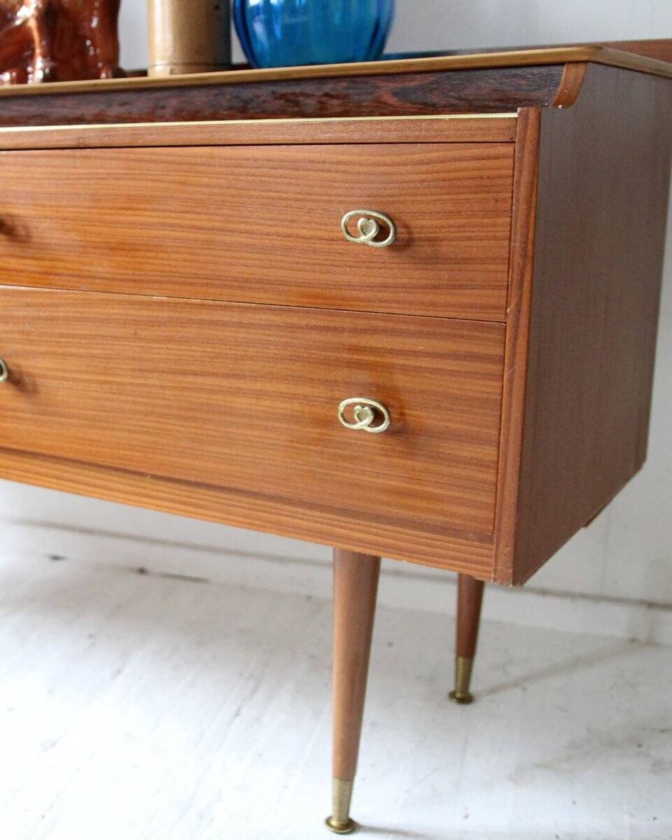 Vintage teak enfilade in brown, 1960s — brass mesh top and Dansette legs.