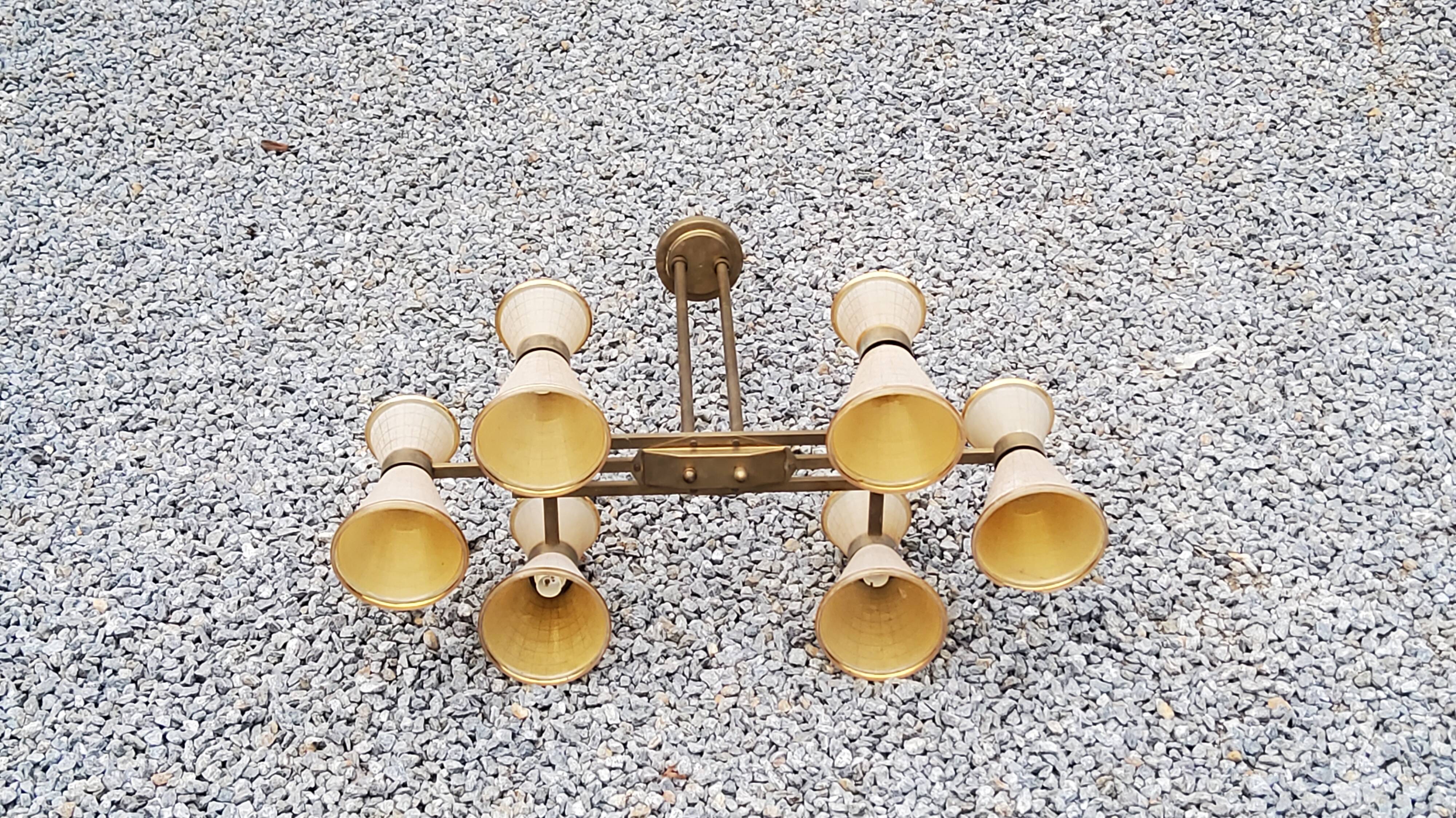Vintage chandelier from the 50s in glass and brass 6 diabolo glass tulips
