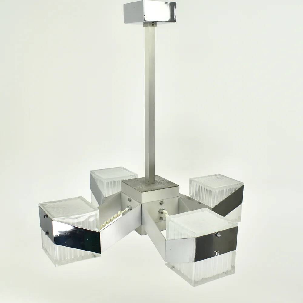 1970s Cubist Chandelier Chrome Glass Mid Century Modern