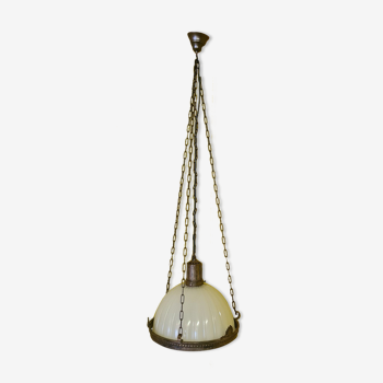 Antique bronze hanging lamp with glass shade, early 1900s