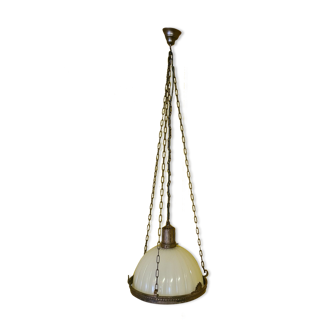 Antique bronze hanging lamp with glass shade, early 1900s