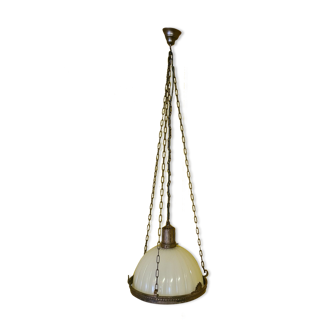 Lampe suspendue en bronze antique avec abat-jour en verre, début des années 1900