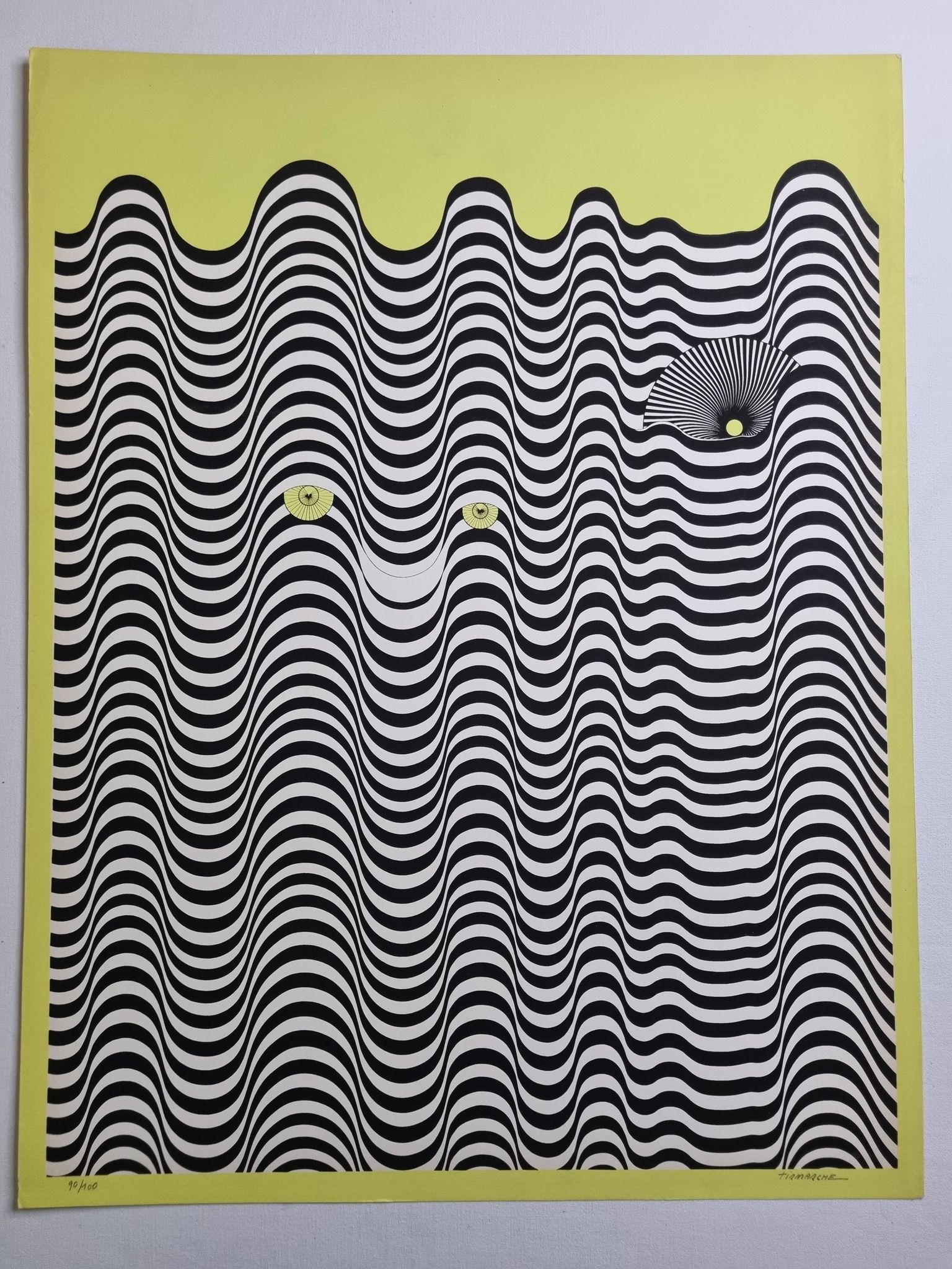 Screenprint signed after Maurice Tirmarche, Optical work of art "Op Art in yellow", 50 x 65 cm