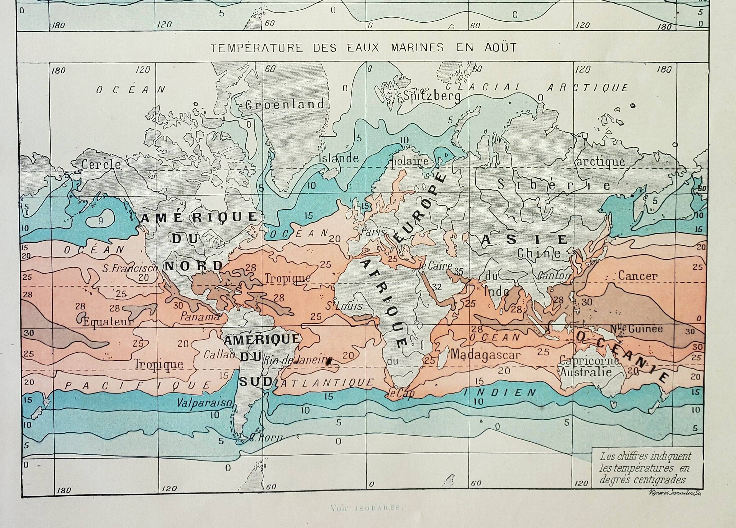 Old engraving 1898, Water temperatures, map • Lithograph, Original plate