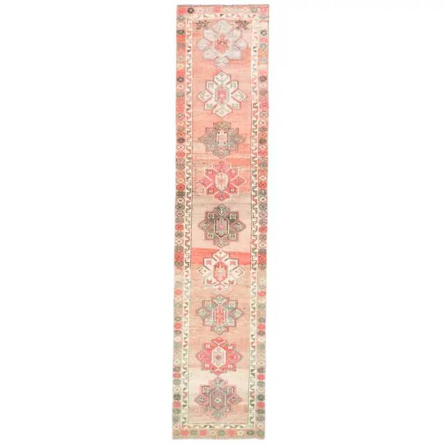 Vintage Turkish Oushak handmade wool cotton pink runner rug 79x372