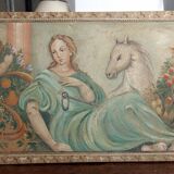 Allegory large painted tempera panel on decorative canvas 170x80 cm
