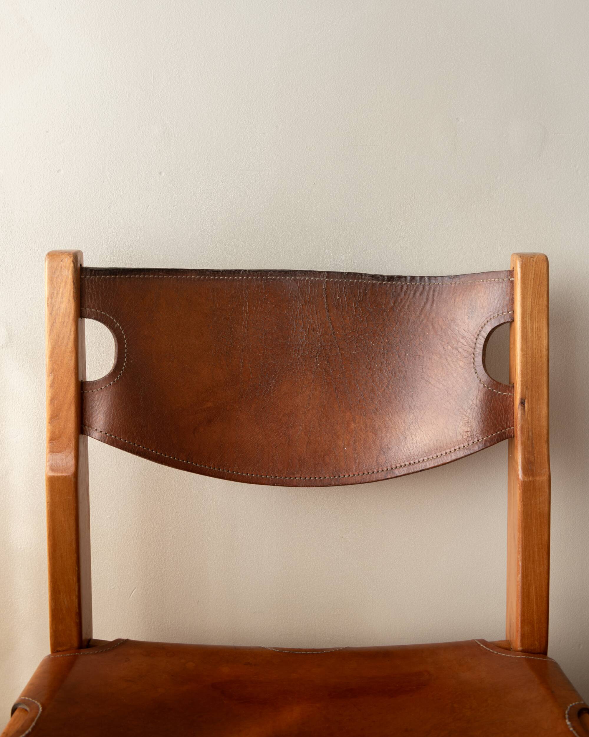 Brutalist Elm and Leather Dining Chairs by Maison Regain, 1970s, Set of 4