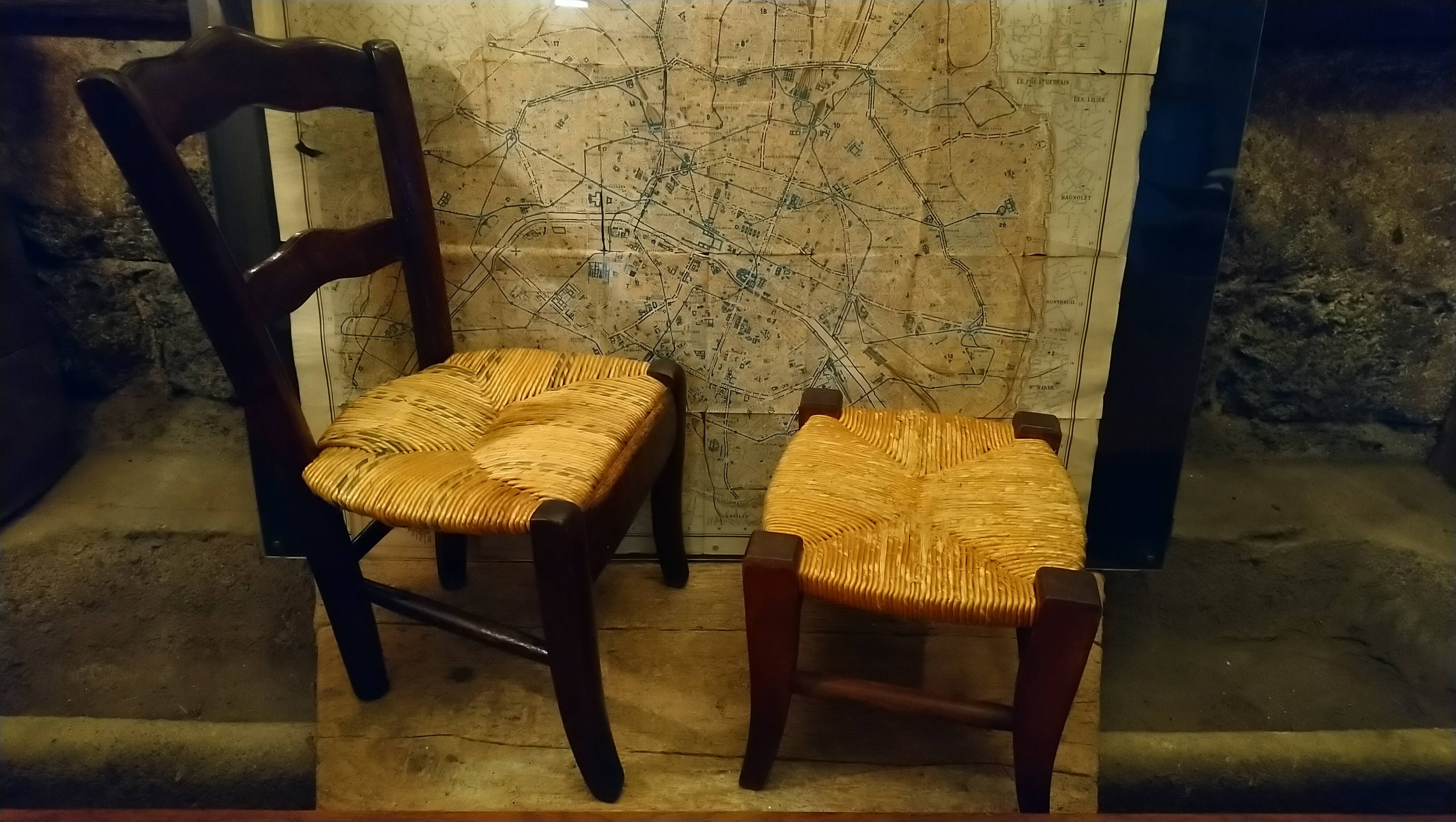Children's straw chair and oak stool