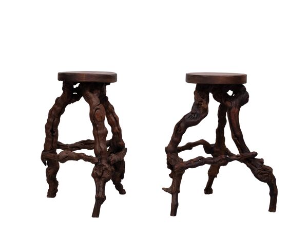 2 tabourets de bar en racines de vigne torsadées, années 1960
