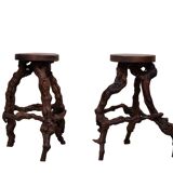 French, Set Of 2 Twisted Grape-vine Roots Bar Stools 1960s