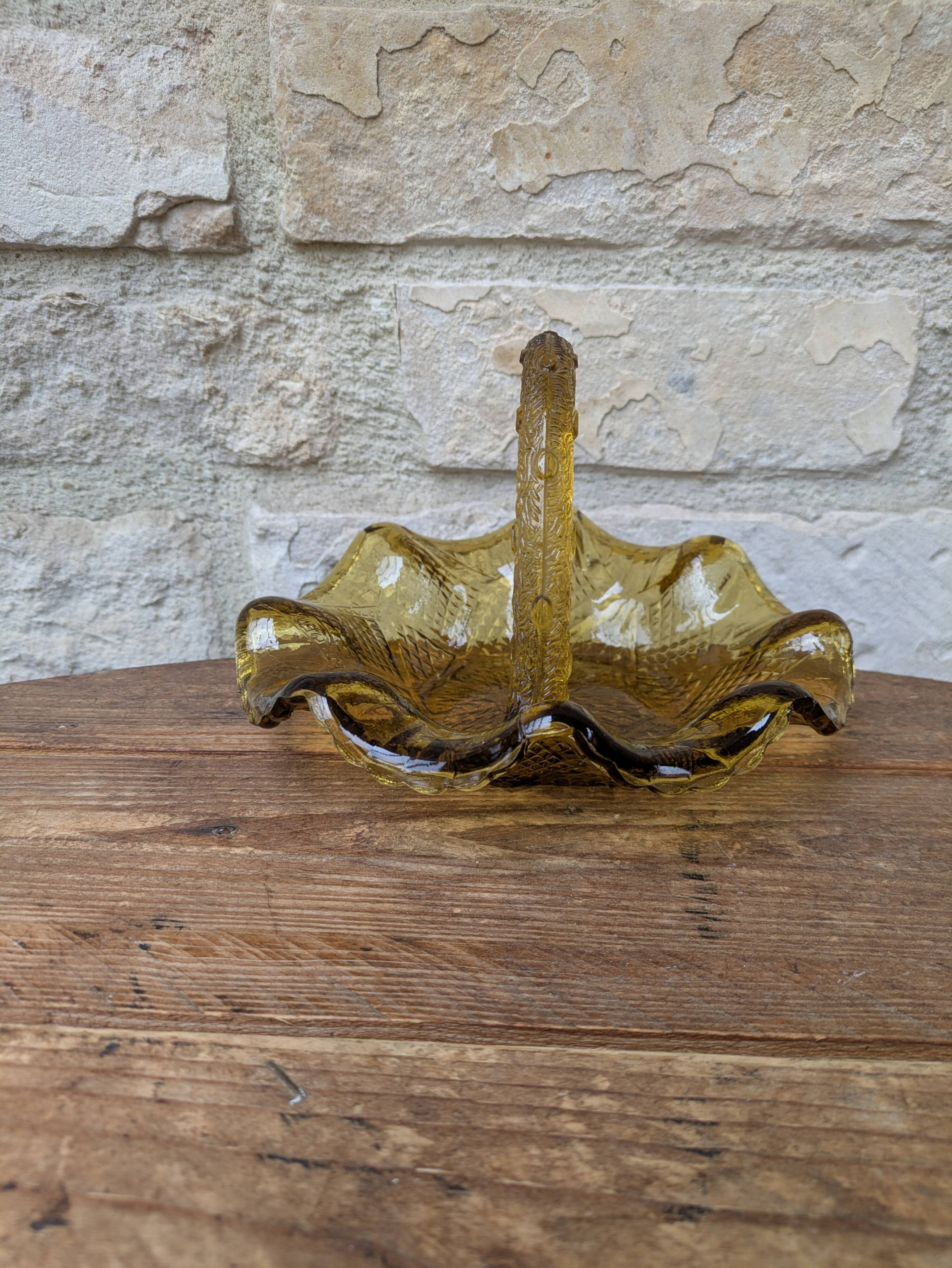 Small amber yellow glass pocket basket Portieux France