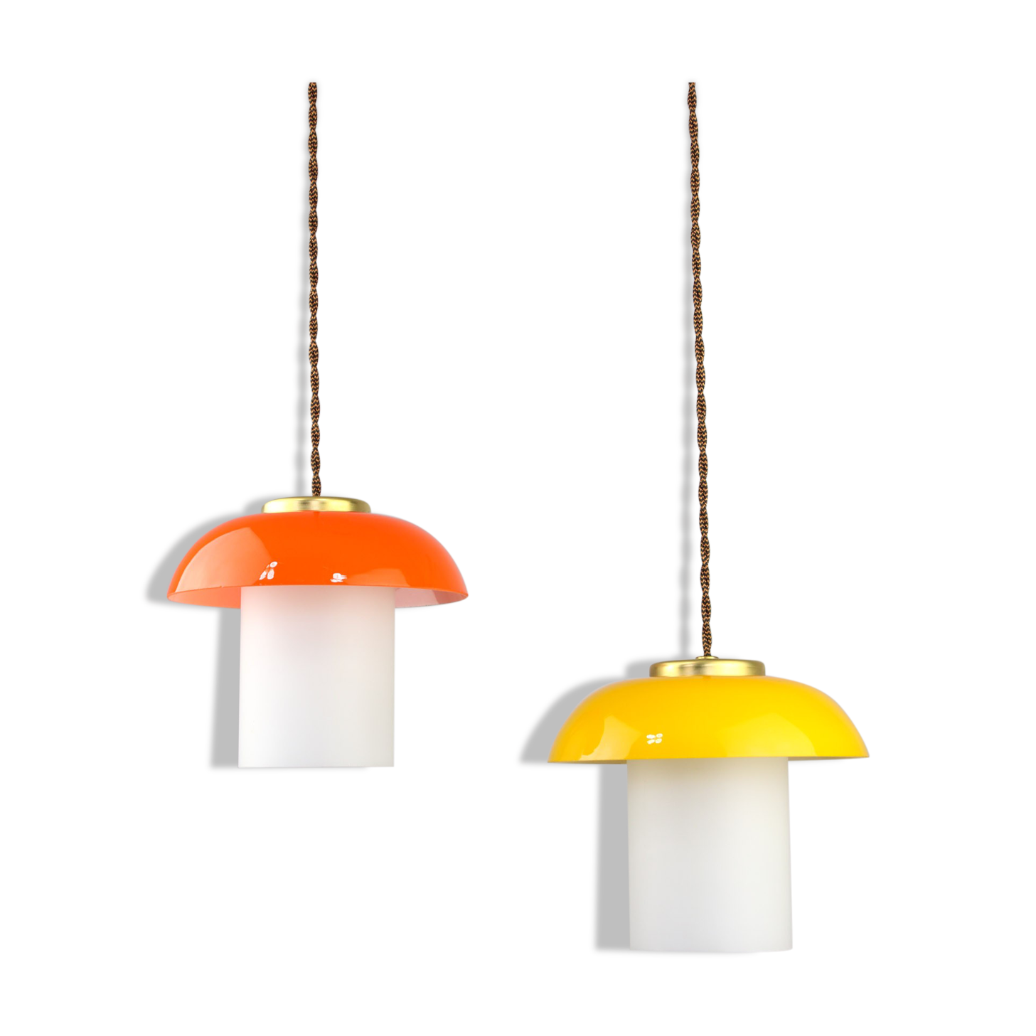 Mid-century Glass & Brass Mushroom Pendant Lamp, set of 2
