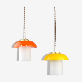 Mid-century Glass & Brass Mushroom Pendant Lamp, set of 2
