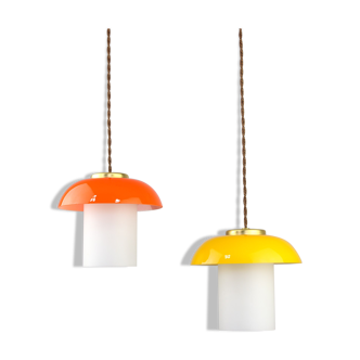 Mid-century Glass & Brass Mushroom Pendant Lamp, set of 2