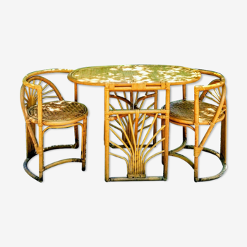 Set of a table and two rattan chairs