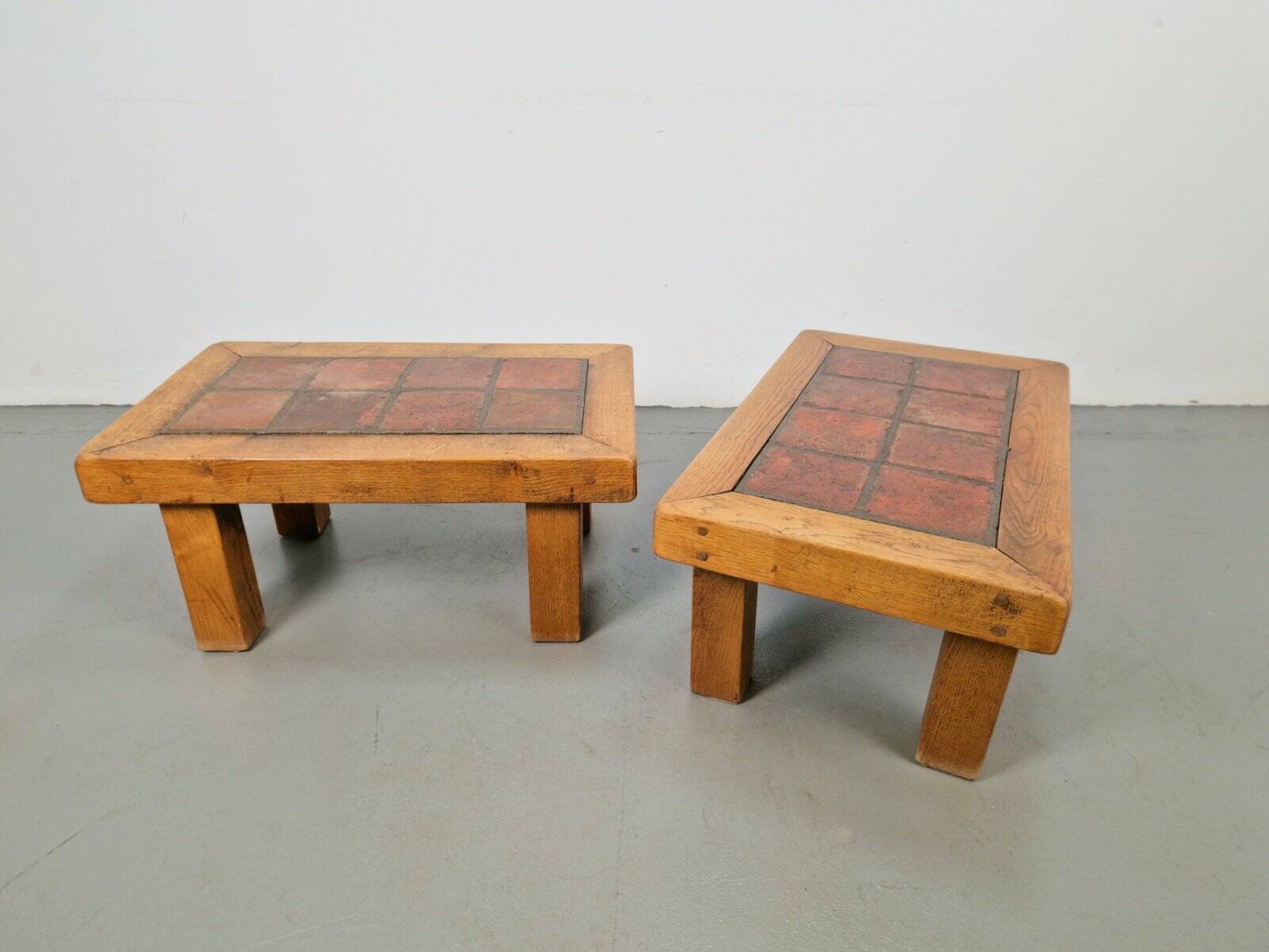 Brutalist Oak Side Table with Terracotta Tiles, 1950s, Set of 2