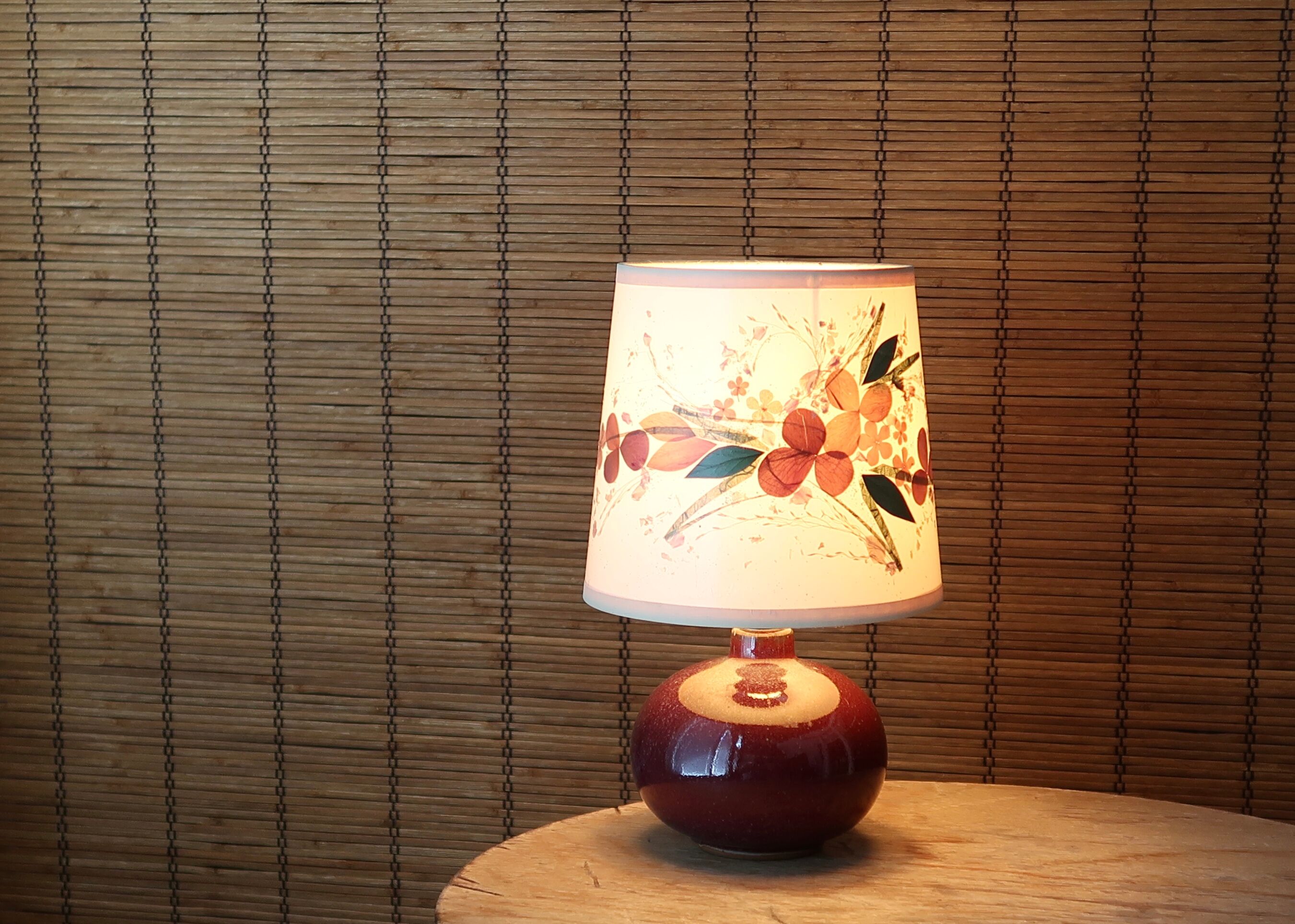 Purple pink ceramic lamp, herbarium-style lampshade, 60s