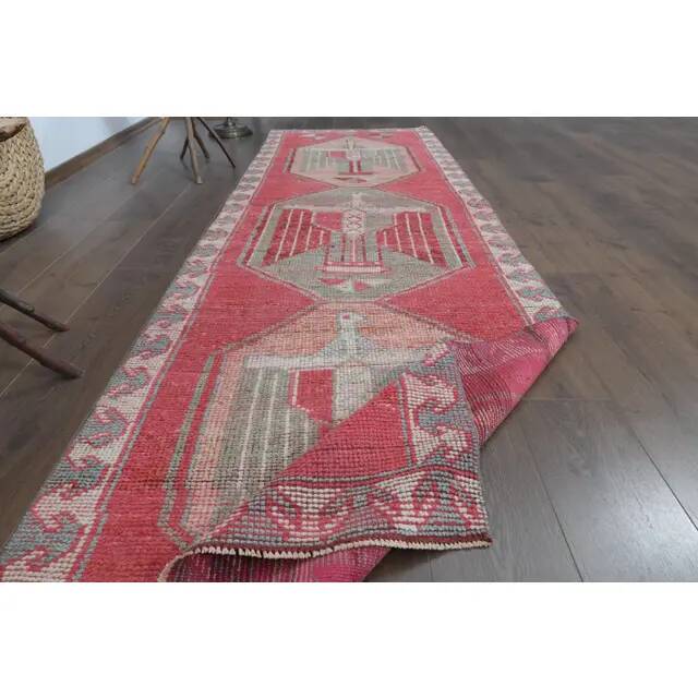 1970s Vintage Turkish Oushak Handmade Wool Cotton Pink Runner Rug 96x303
