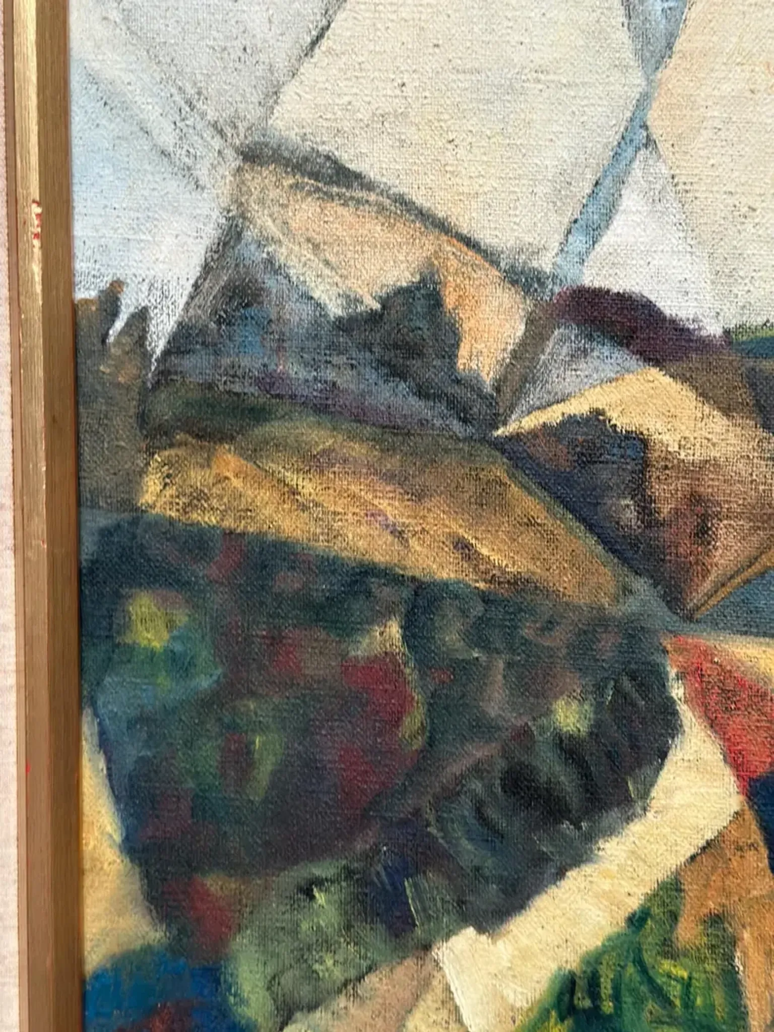 Large Original Swedish Oil on Canvas – “Cubist Landscape” by Kjell Lindberg – Signed – Vintage & Framed
