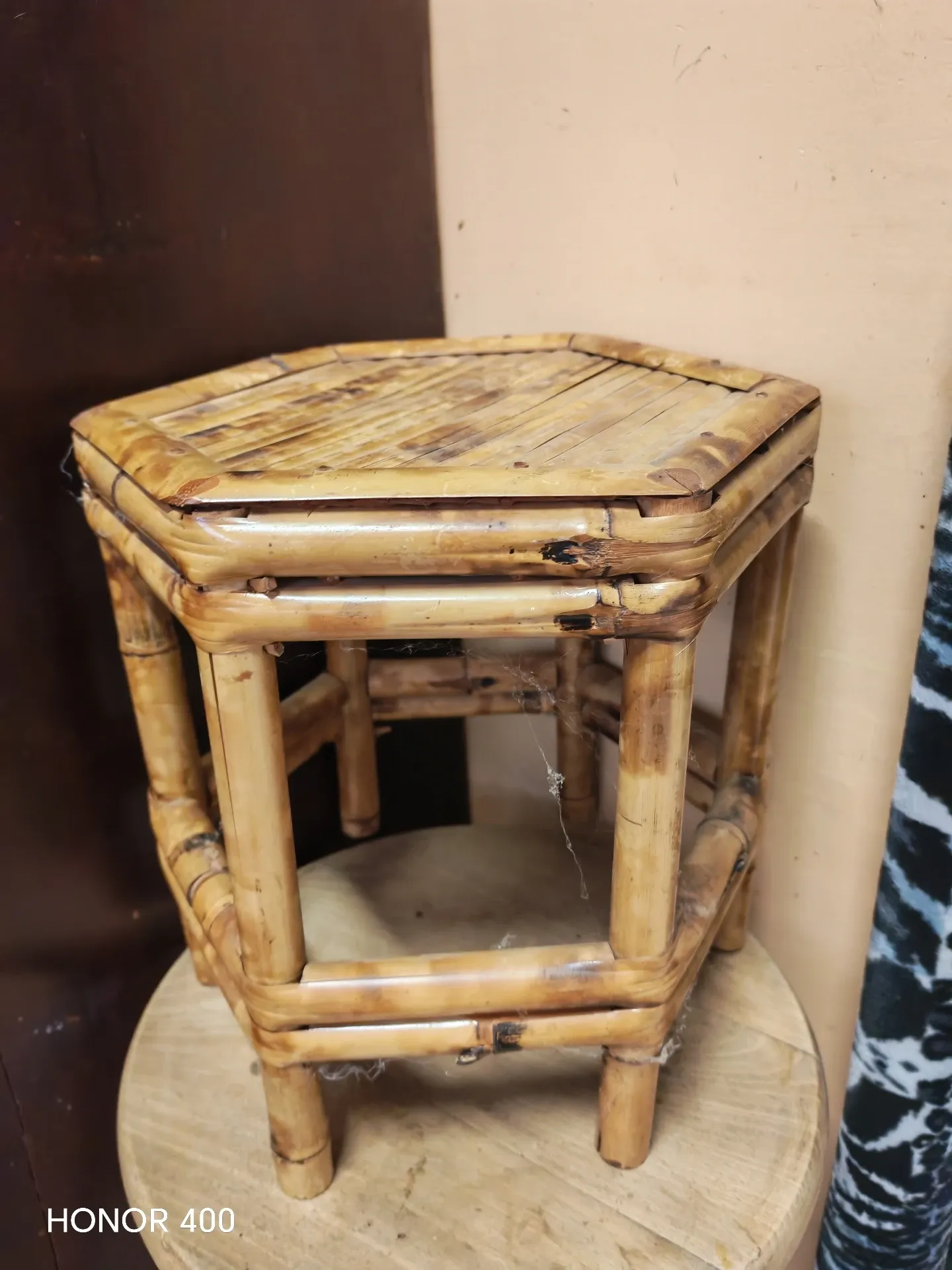 Vintage burnt bamboo side table