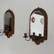 Pair of brass double-headed candlesticks with mirrors, 1940s, Italy