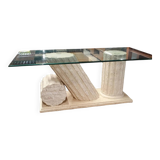 1980s Neo Classic Natural Mactan Stone Dining Table with Glass Top