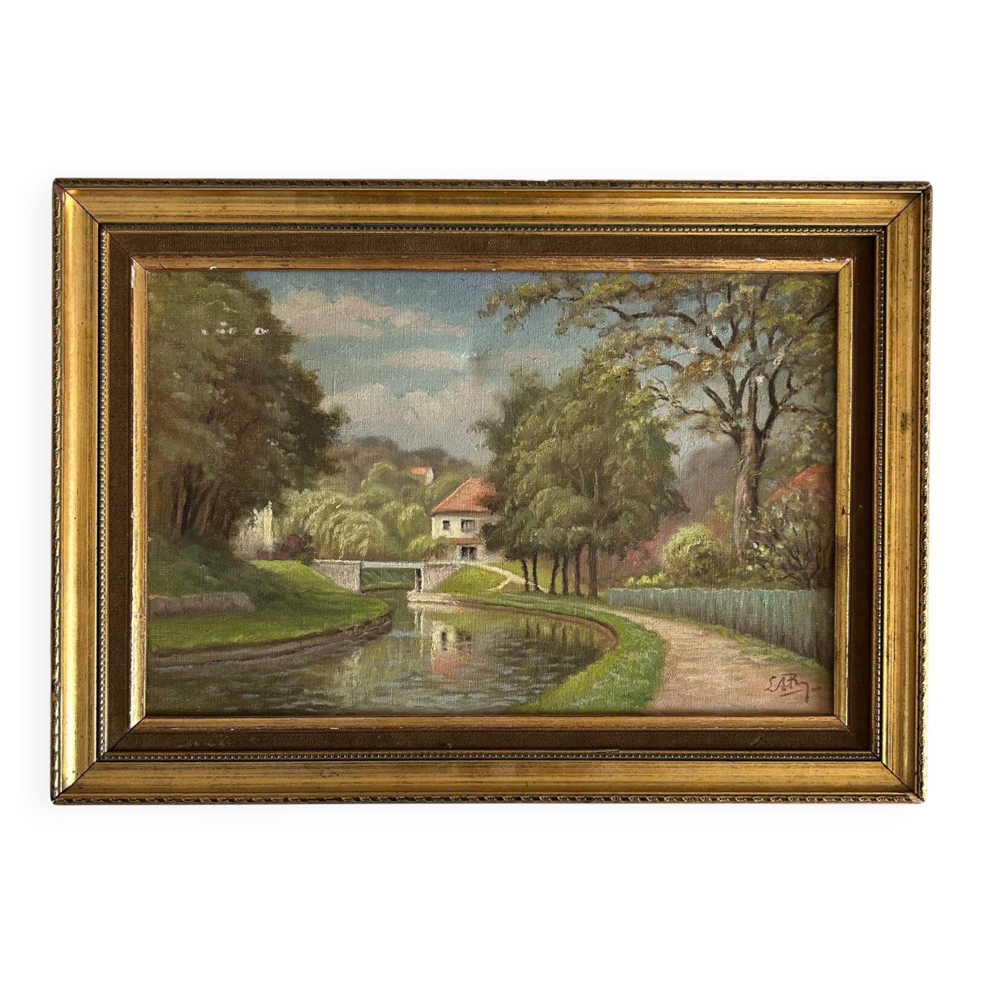 Huile sur Toile « Le pont de Blamont sur l'Ourcq » de Laby . XX.