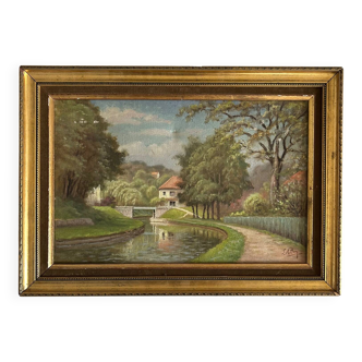 Huile sur Toile “ Le pont de Blamont sur l’Ourcq “de Laby . XX .