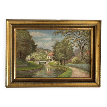 Oil on canvas "The Bridge of Blamont on the Ourcq" by Laby. XX.