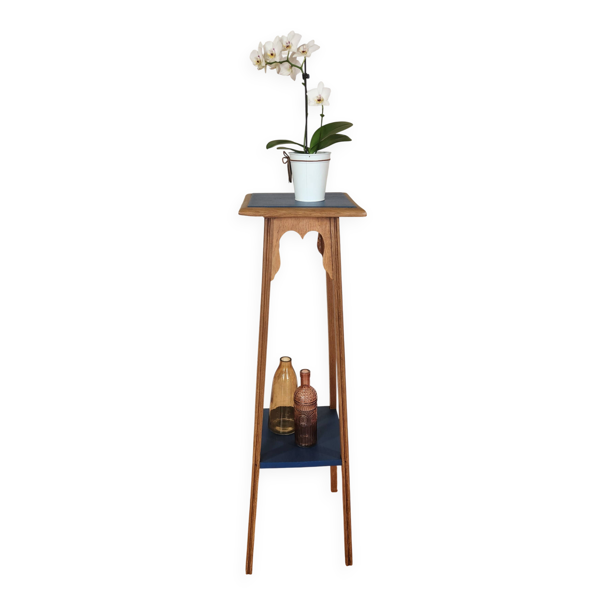 Deep Blue Wood Side Table with 2 Shelves Renovated