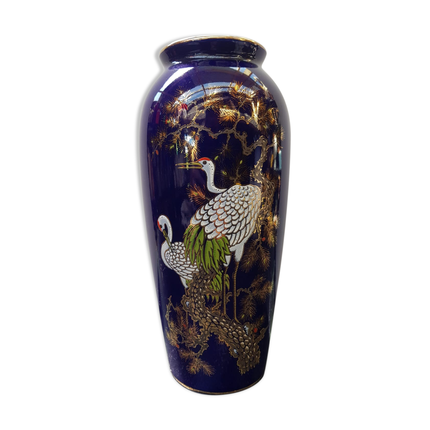 Old Ceramic Vase Enamelled Blue Asian Décor Vintage