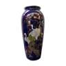 Ancien Vase Céramique Émaillée Bleue Décor Asiatique Vintage